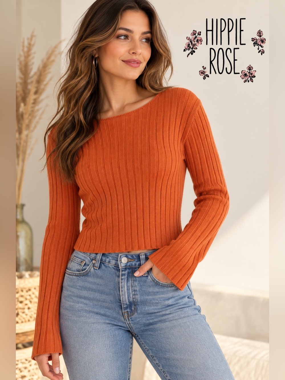 Hippie Rose Ribbed Crop Sweater Long Sleeve Orange Size M